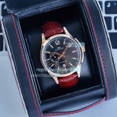 High Quality Replica IWC Pilot's Black Dial Rose Gold Bezel Brown Leather Strap Watch